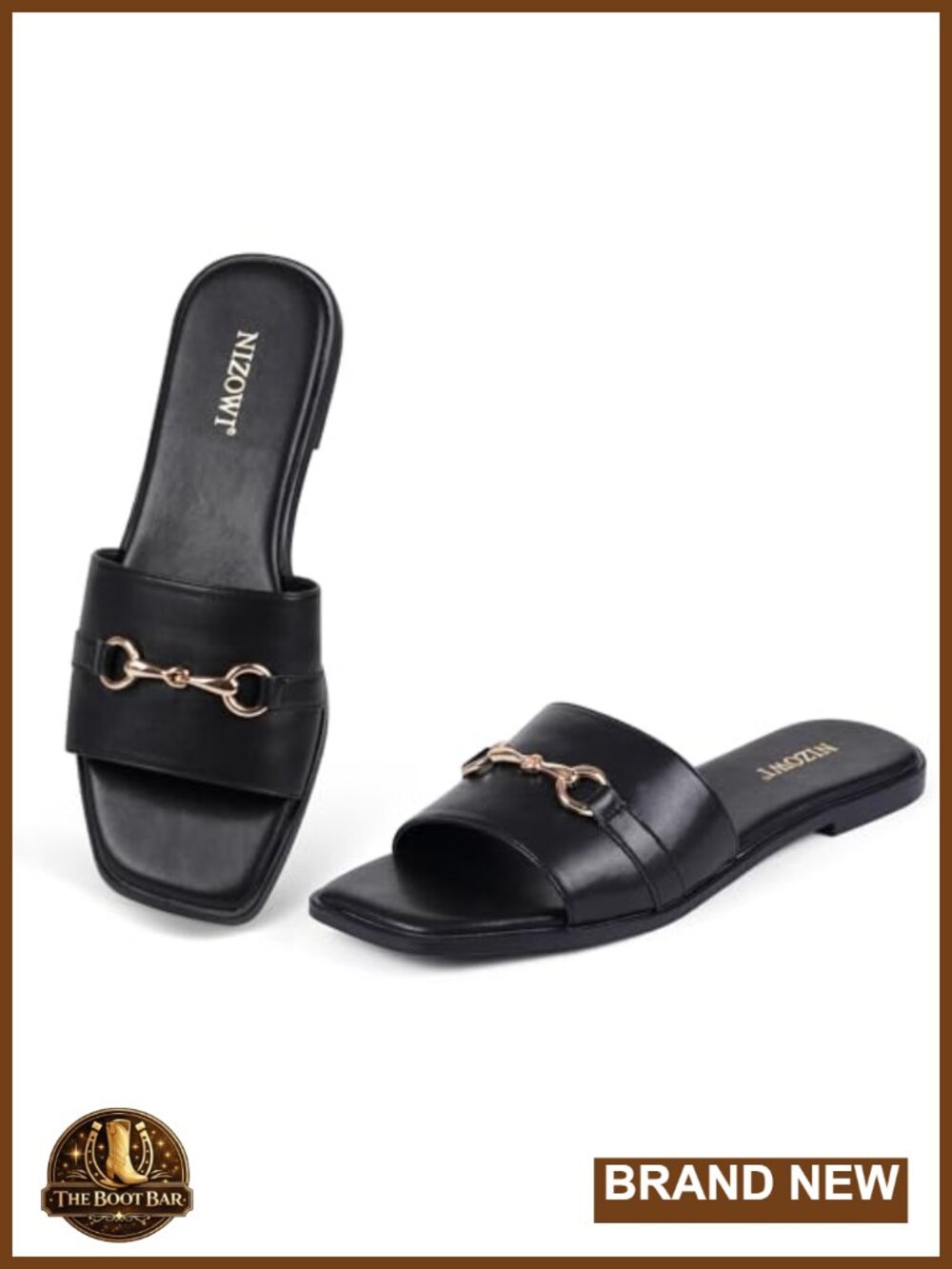 Faux Leather Flat Slide Sandals with Metal Chain and Memory Foam